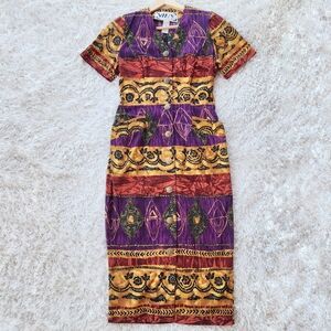 Vintage‎ 80s WNY Button Front Bold Print Midi Dress